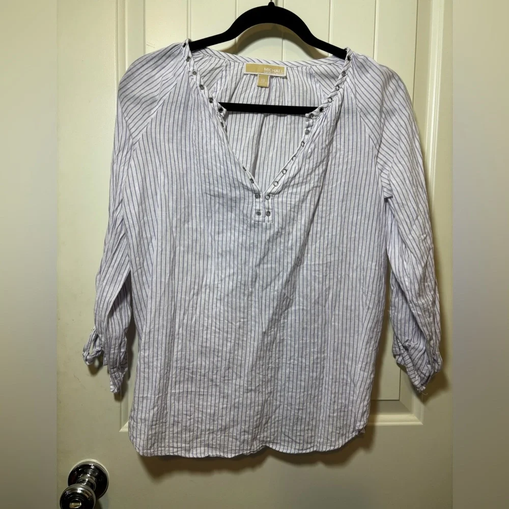 Michael Kors Womens Shirt XS Linen Blend Purple Stripe Long Sleeve Tie Sleeve D2